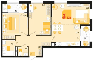 Планировка 3-комн. квартира, 82.8 м² ЖК «Первое место»