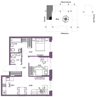 Планировка 3-комн. квартира, 58.11 м² ЖК «Европейский берег 2.0»