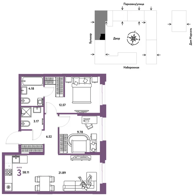 Планировка 3-комн. квартира, 58.11 м² ЖК «Европейский берег 2.0» Планировка 3-комн. квартира, 58.11 м² ЖК «Европейский берег 2.0»