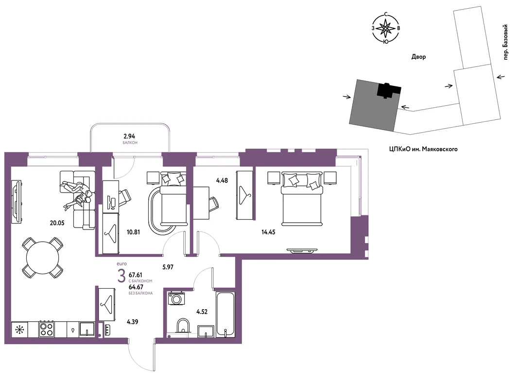 Планировка 3-комн. квартира, 67.61 м² ЖК «Сибирский сад»