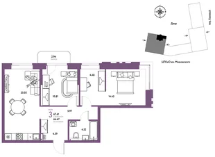 Планировка 3-комн. квартира, 67.61 м² ЖК «Сибирский сад»