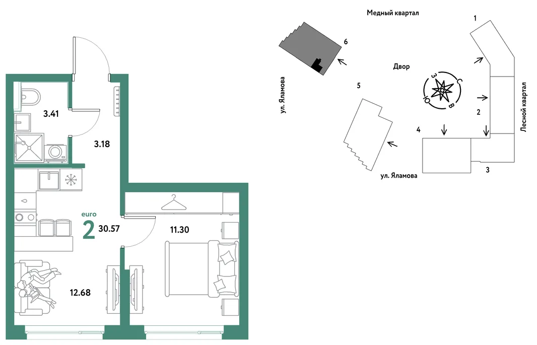 Планировка 2-комн. квартира, 30.57 м² ЖК «Сибирский сад»