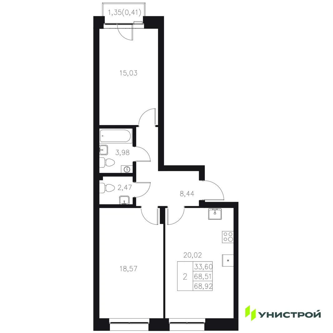 Планировка 2-комн. квартира, 68.92 м² ЖК «Statum»