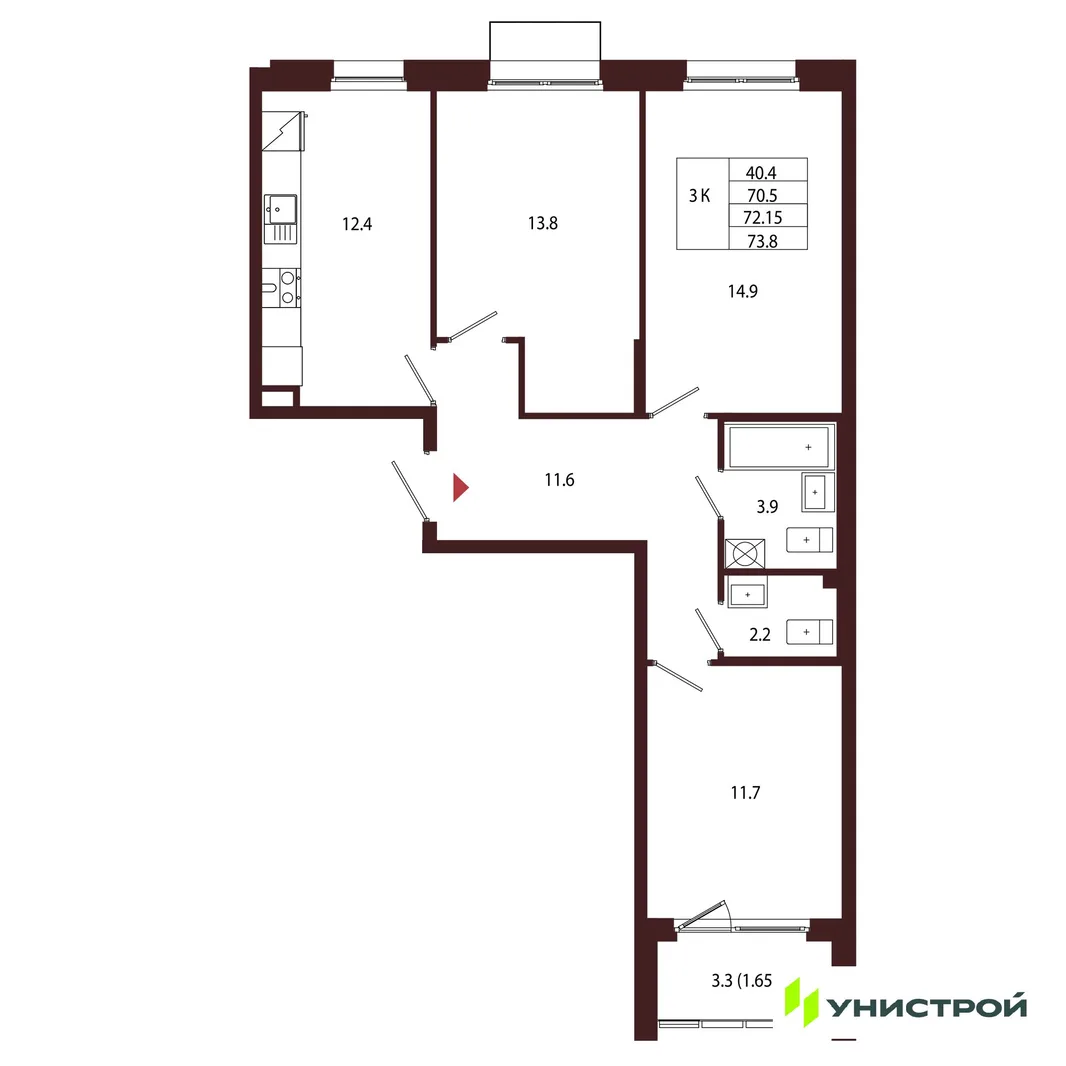 Планировка 3-комн. квартира, 72.15 м² ЖК «Лисино»