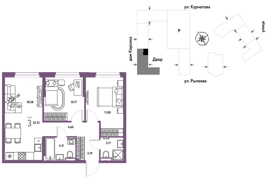 Планировка 3-комн. квартира, 55.72 м² ЖК «Остров-сад»