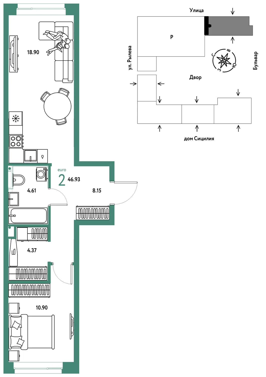 Планировка 2-комн. квартира, 46.93 м² ЖК «Остров-сад»