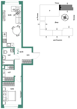 Планировка 2-комн. квартира, 46.93 м² ЖК «Остров-сад»