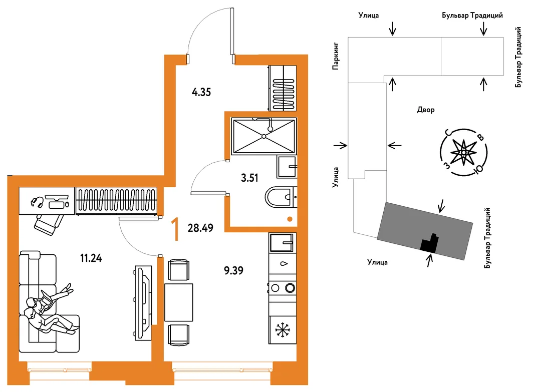 Планировка 1-комн. квартира, 28.49 м² ЖК «Микрорайон Домашний»