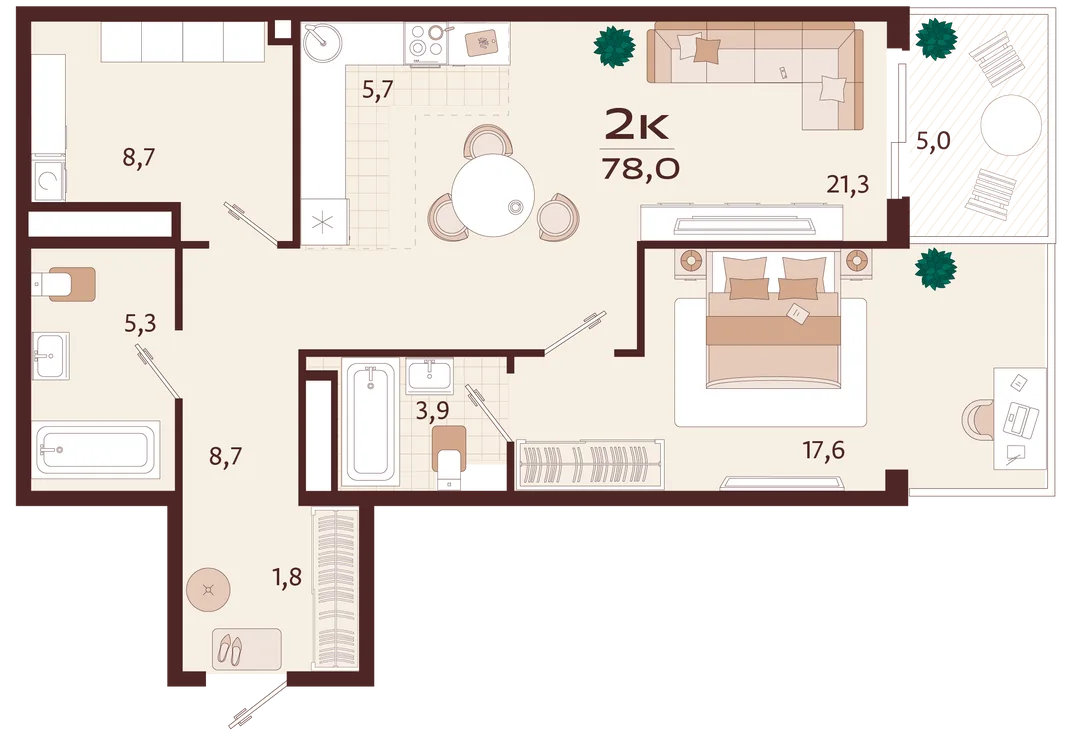 Планировка 2-комн. квартира, 78 м² ЖК «Роялта»