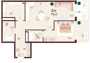 Планировка 2-комн. квартира, 78 м² ЖК «Роялта»