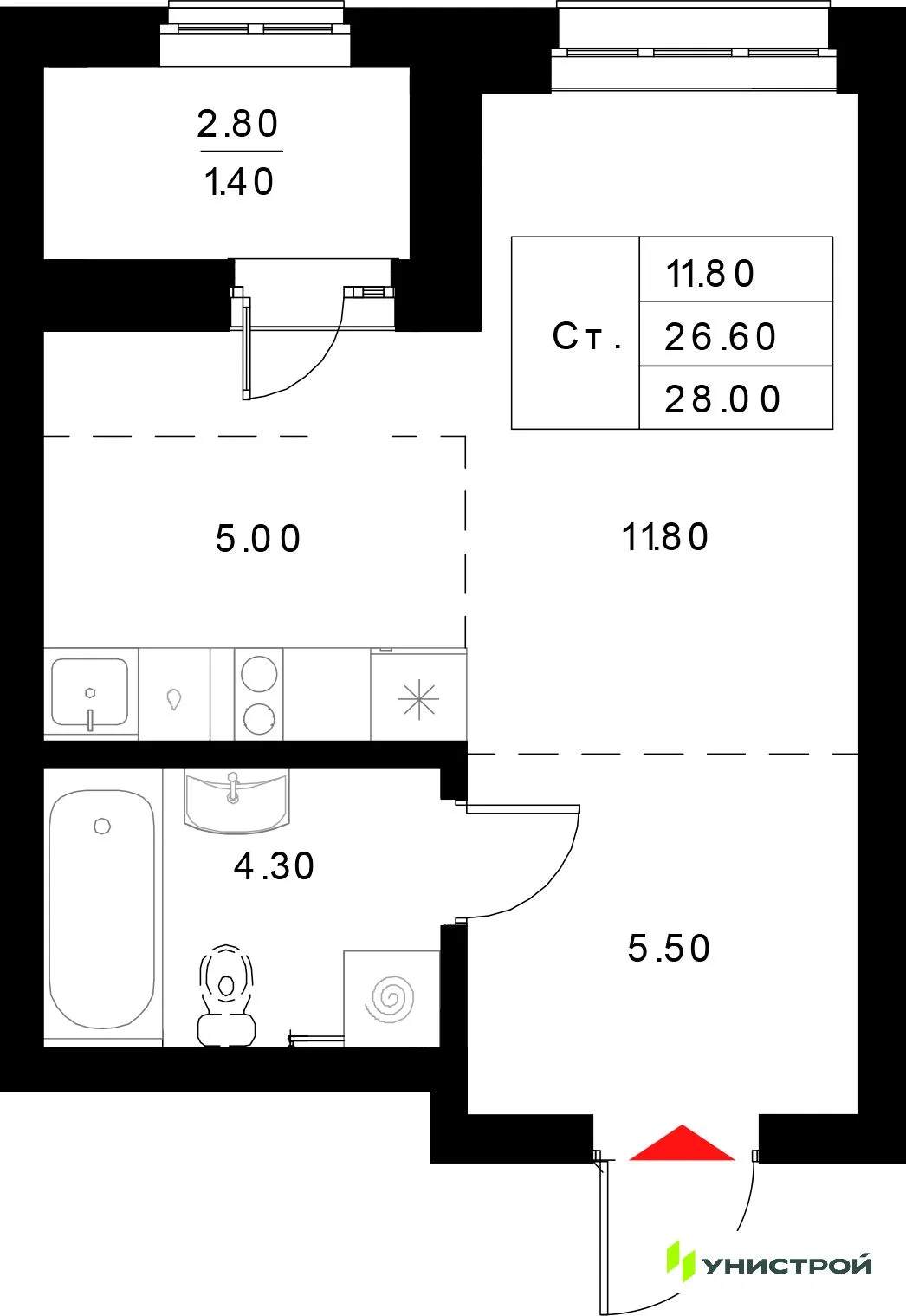 Планировка 1-комн. квартира, 28 м² ЖК «Уникод на Технической»