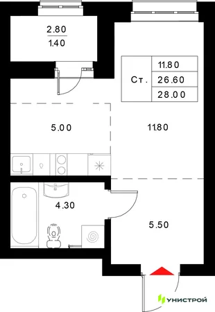Планировка 1-комн. квартира, 28 м² ЖК «Уникод на Технической»