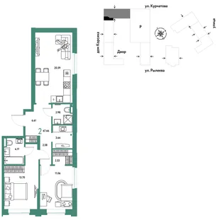 Планировка 2-комн. квартира, 67.85 м² ЖК «Остров-сад»
