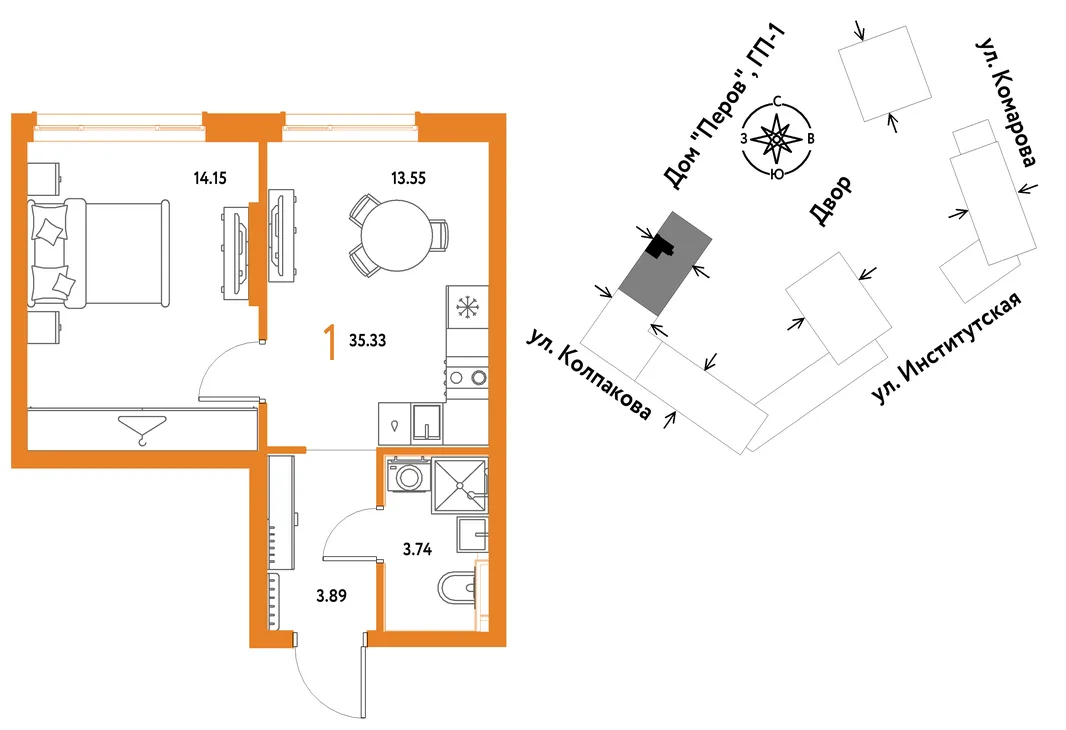 Планировка 1-комн. квартира, 35.33 м² ЖК «Страна.Парковая»