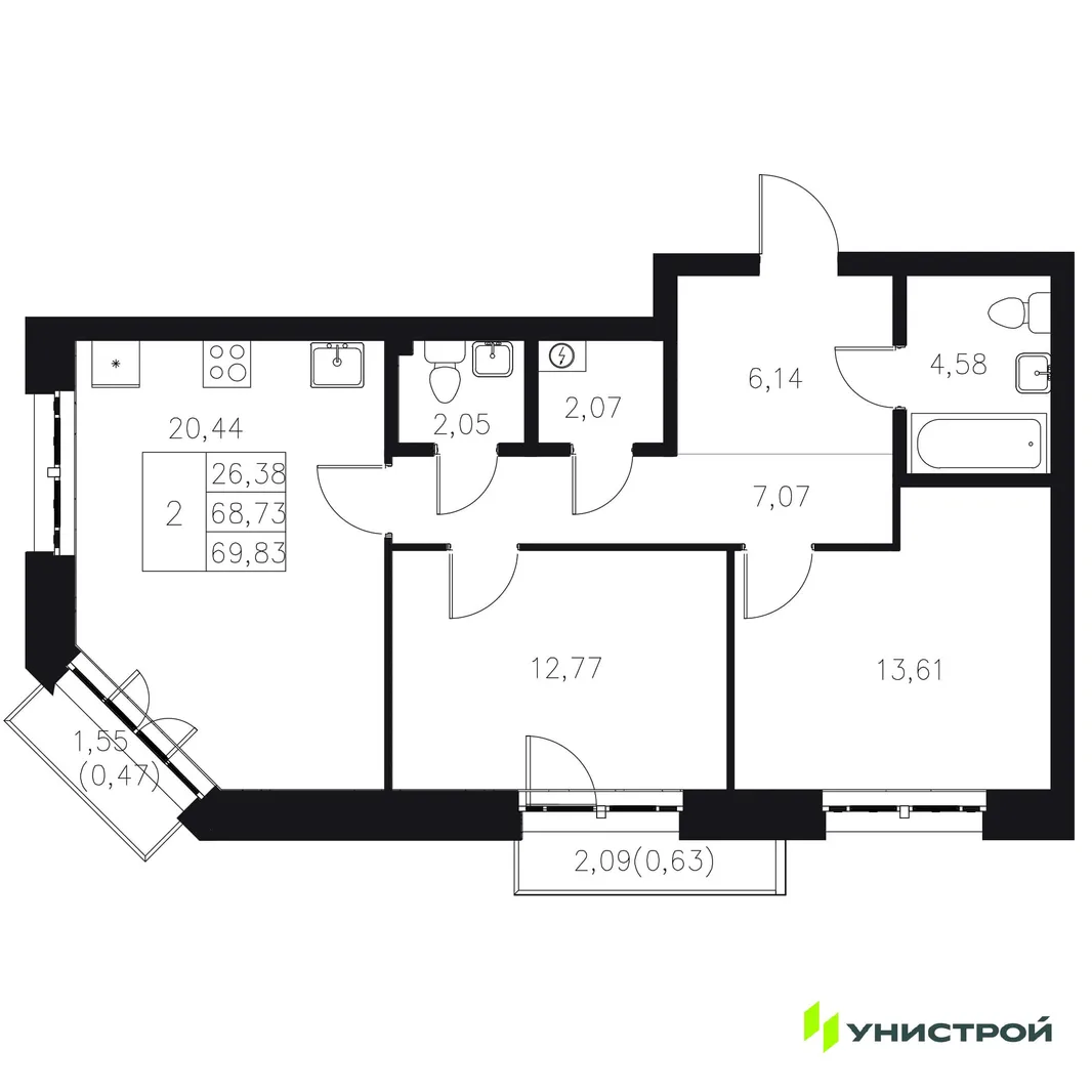 Планировка 2-комн. квартира, 69.83 м² ЖК «Statum»