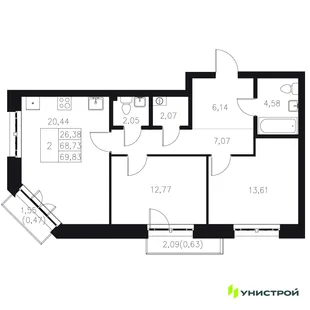 Планировка 2-комн. квартира, 69.83 м² ЖК «Statum»