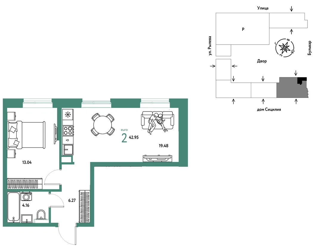 Планировка 2-комн. квартира, 42.95 м² ЖК «Остров-сад»
