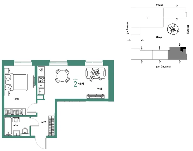 Планировка 2-комн. квартира, 42.95 м² ЖК «Остров-сад» Планировка 2-комн. квартира, 42.95 м² ЖК «Остров-сад»