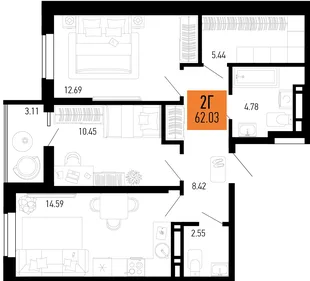 Планировка 2-комн. квартира, 62.03 м² ЖК «Столицыно»