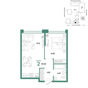 Планировка 2-комн. квартира, 40.22 м² ЖК «Сердце Сибири»