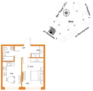 Планировка 1-комн. квартира, 37.73 м² ЖК «Страна.Парковая»