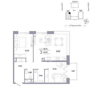 Планировка 2-комн. квартира, 69.14 м² ЖК «Репаблик»