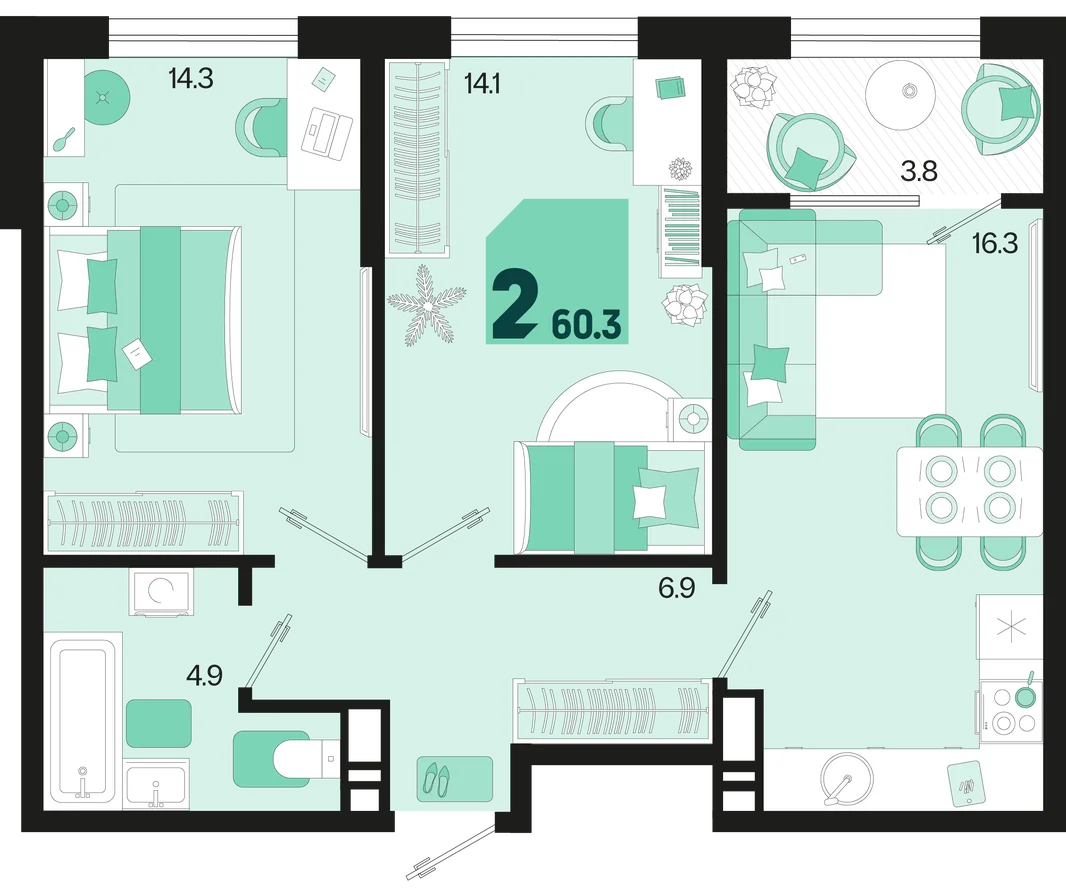 Планировка 2-комн. квартира, 60.3 м² ЖК «Первое место»