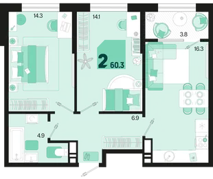 Планировка 2-комн. квартира, 60.3 м² ЖК «Первое место»