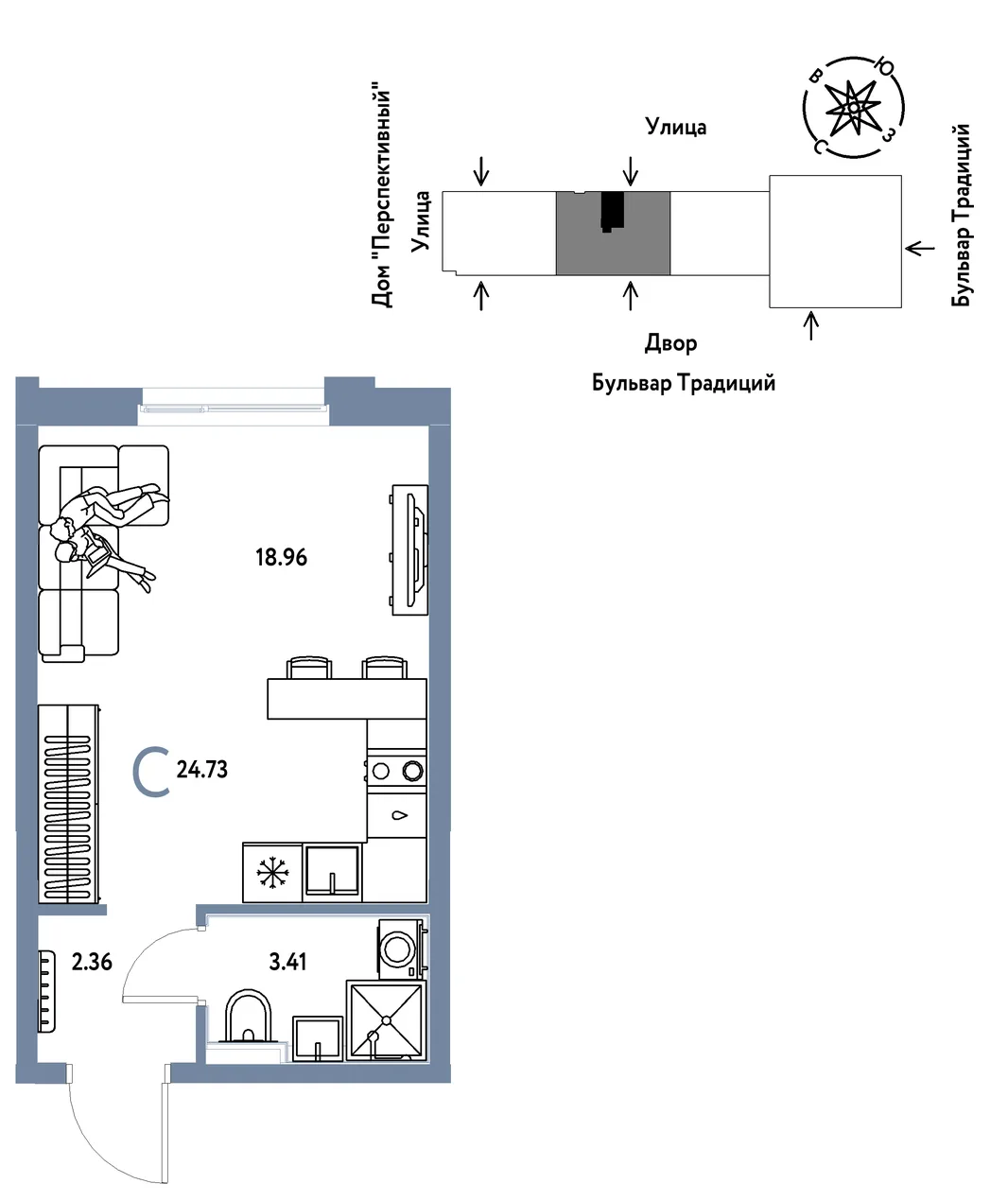 Планировка Студия, 24.73 м² ЖК «Микрорайон Домашний»