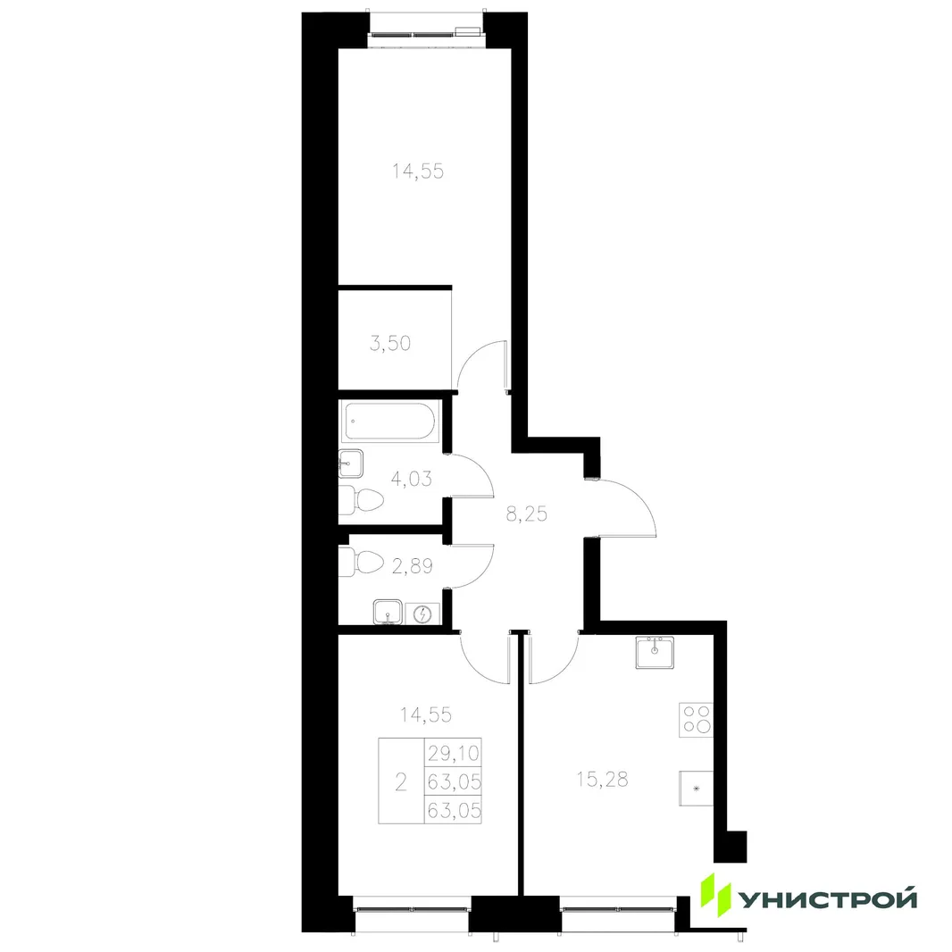 Планировка 2-комн. квартира, 63.05 м² ЖК «Statum»