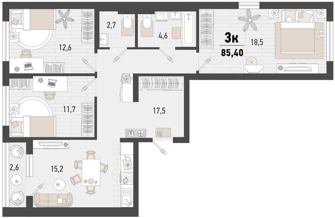 Планировка 3-комн. квартира, 85.4 м² ЖК «Барса»