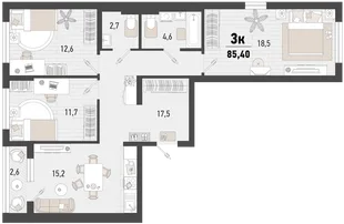 Планировка 3-комн. квартира, 85.4 м² ЖК «Барса»