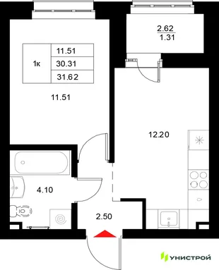 Планировка 1-комн. квартира, 31.62 м² ЖК «Уникод на Технической»