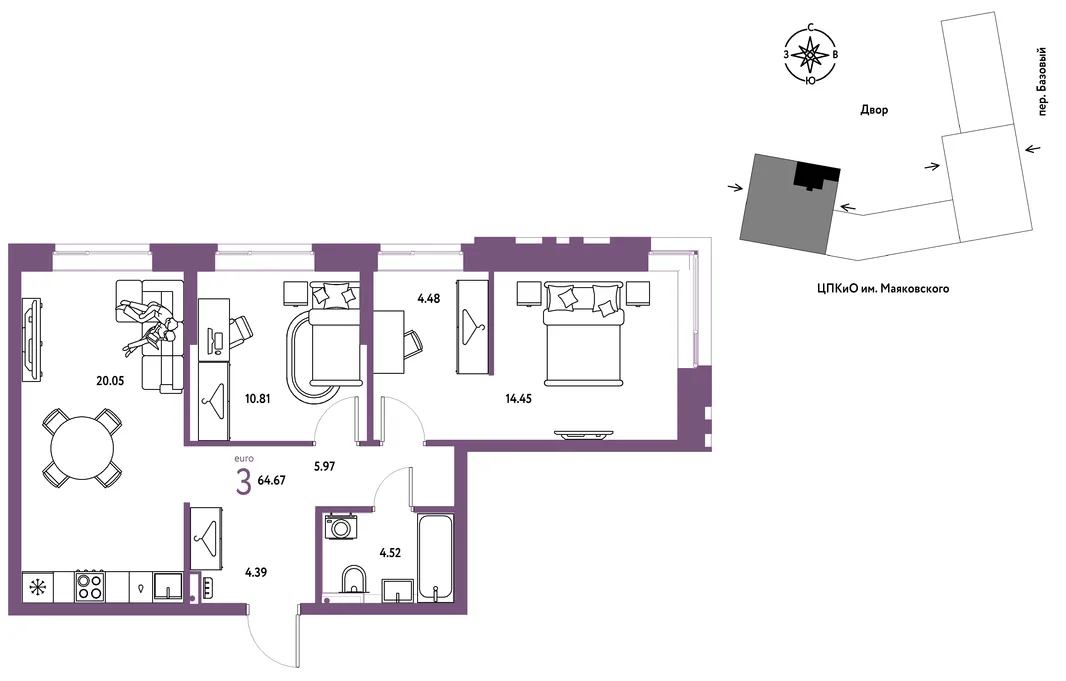 Планировка 3-комн. квартира, 64.67 м² ЖК «Сибирский сад»