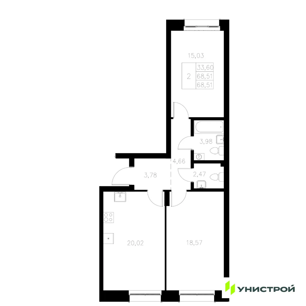 Планировка 2-комн. квартира, 68.51 м² ЖК «Statum»
