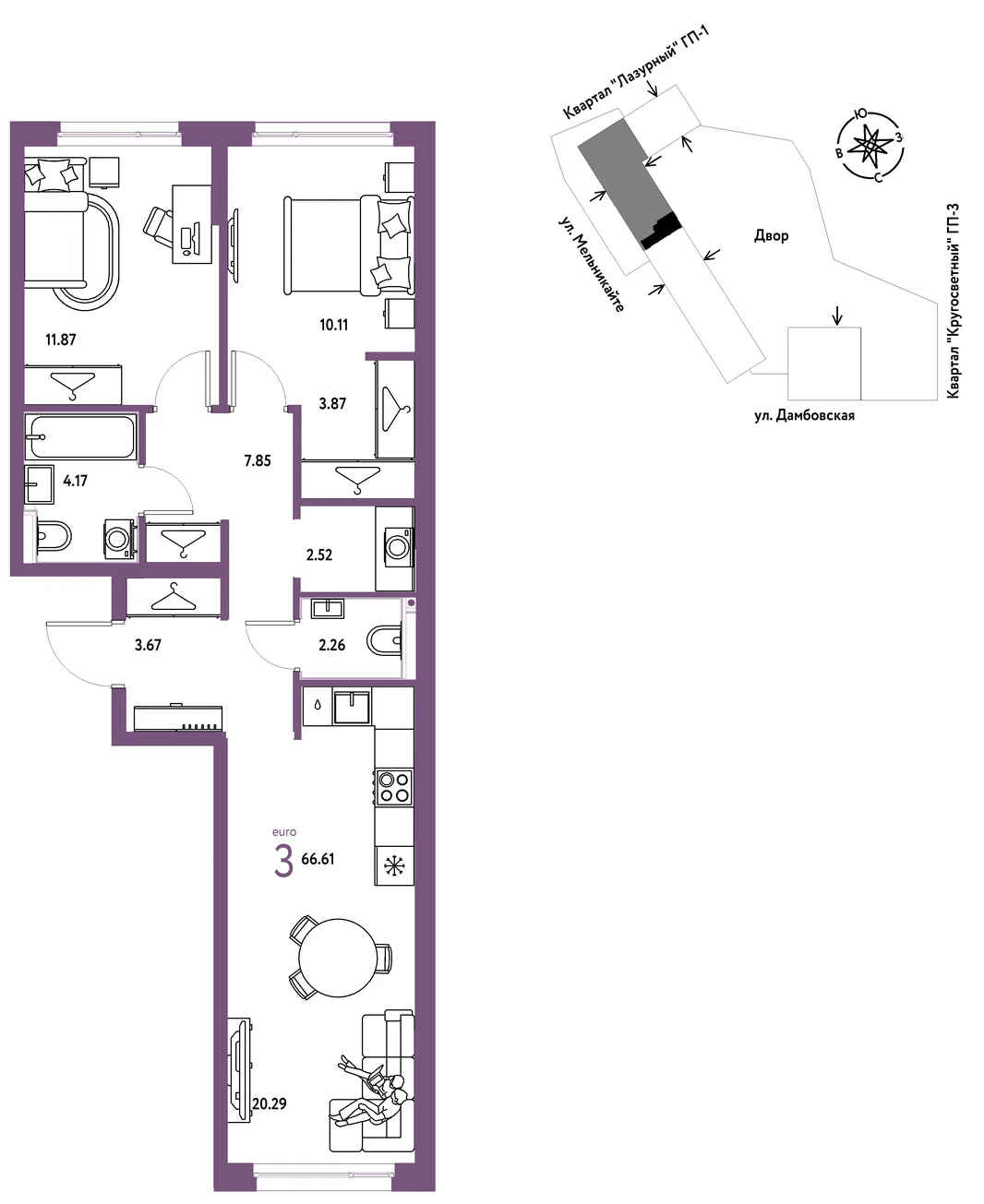 Планировка 3-комн. квартира, 66.61 м² ЖК «Страна Прибрежная»