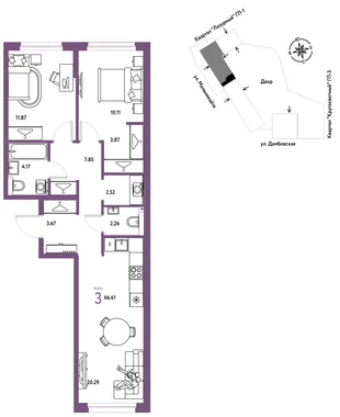 Планировка 3-комн. квартира, 66.61 м² ЖК «Страна Прибрежная»