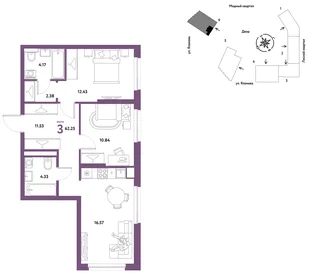 Планировка 3-комн. квартира, 62.25 м² ЖК «Сибирский сад»