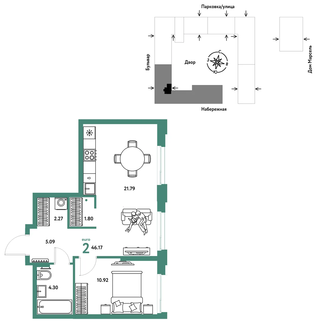 Планировка 2-комн. квартира, 46.17 м² ЖК «Европейский берег 2.0»