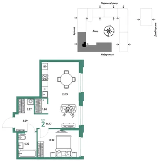 Планировка 2-комн. квартира, 46.17 м² ЖК «Европейский берег 2.0»