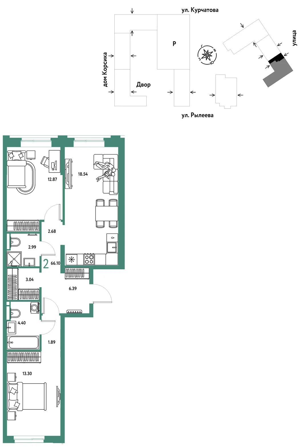 Планировка 2-комн. квартира, 66.54 м² ЖК «Остров-сад»