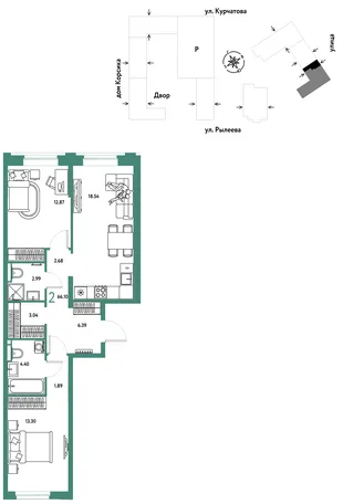 Планировка 2-комн. квартира, 66.54 м² ЖК «Остров-сад»