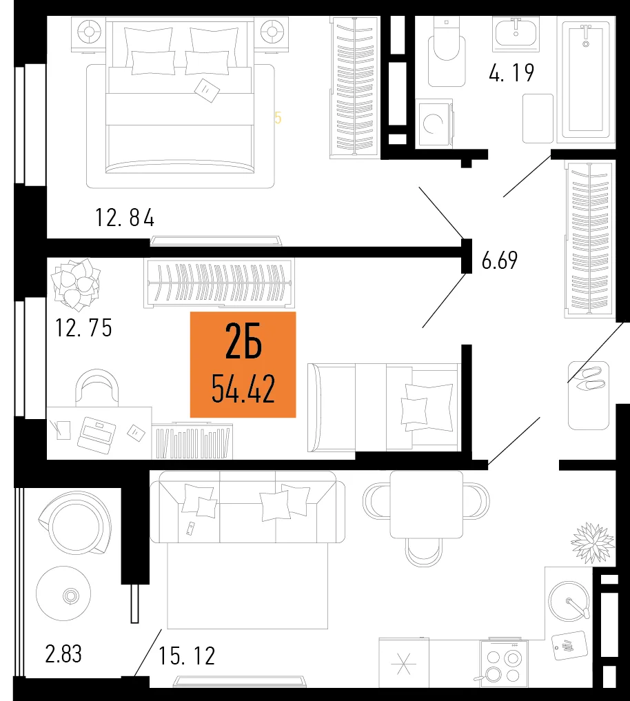 Планировка 2-комн. квартира, 54.42 м² ЖК «Столицыно»