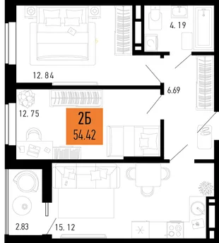 Планировка 2-комн. квартира, 54.42 м² ЖК «Столицыно»