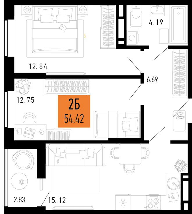 Планировка 2-комн. квартира, 54.42 м² ЖК «Столицыно» Планировка 2-комн. квартира, 54.42 м² ЖК «Столицыно»