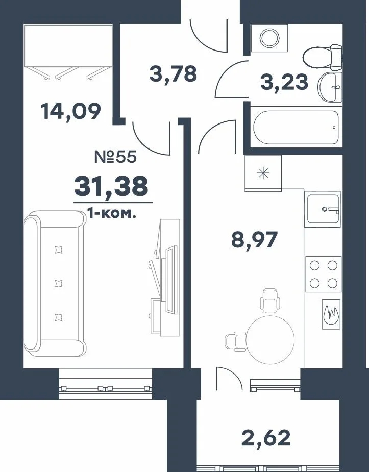 Планировка 1-комн. квартира, 31.38 м² ЖК «мкр. Долина»