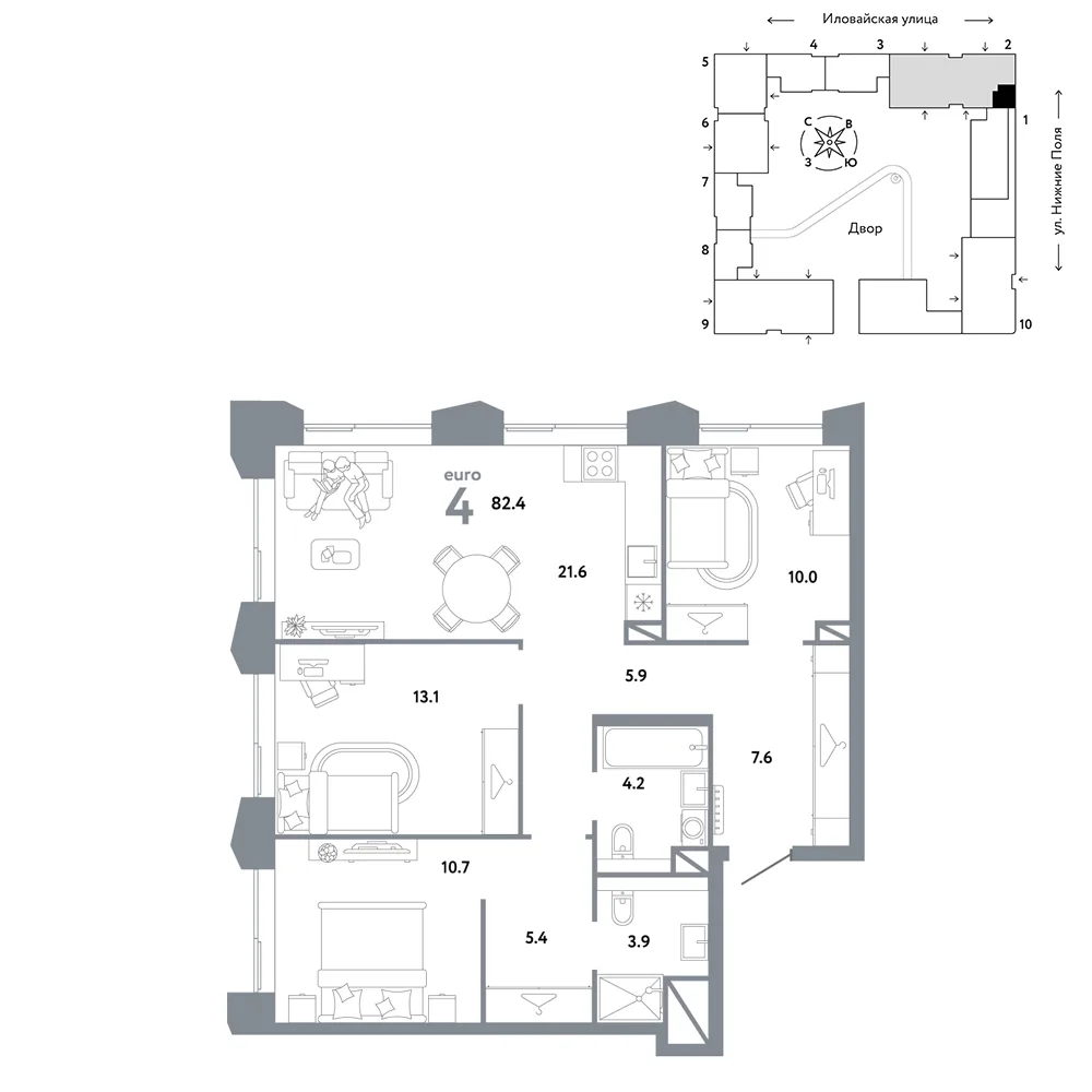 Планировка 4-комн. квартира, 82.4 м² ЖК «Страна.Заречная»