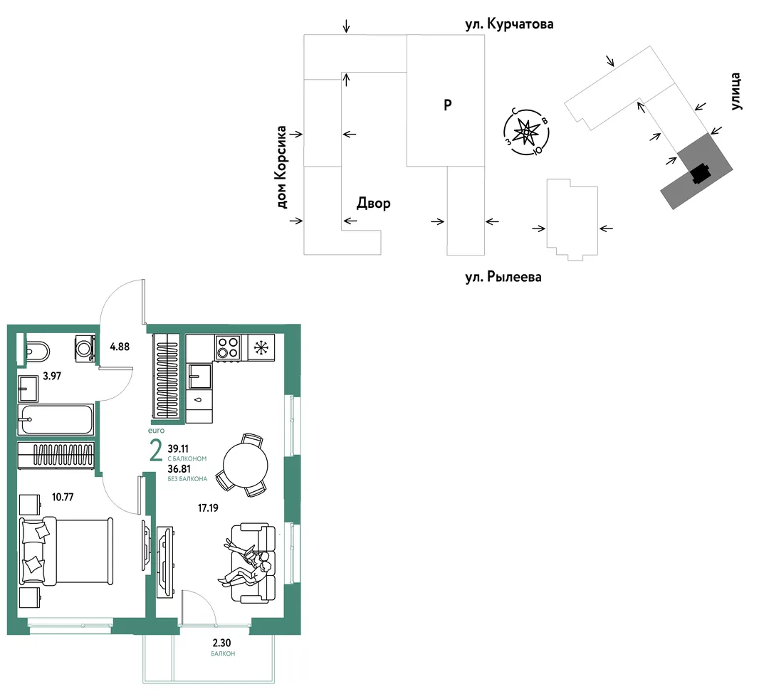 Планировка 2-комн. квартира, 39.3 м² ЖК «Остров-сад»