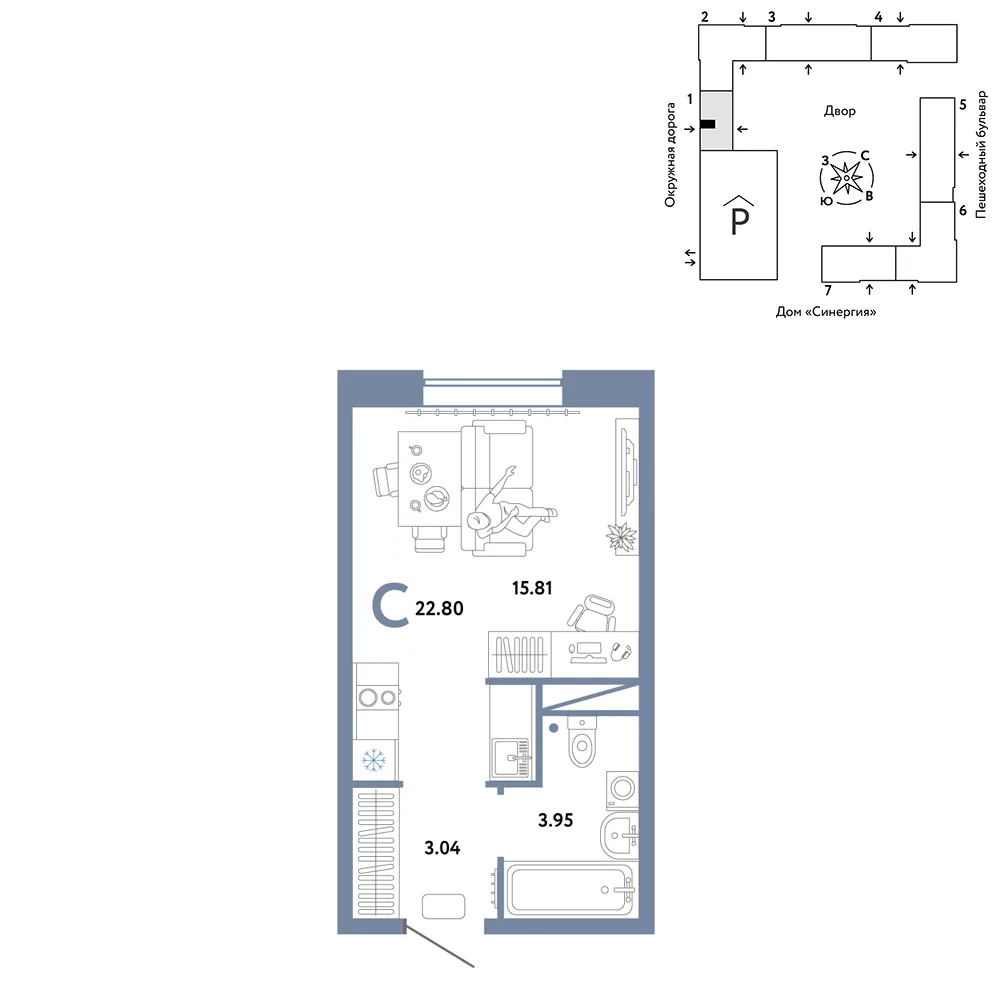 Планировка Студия, 22.8 м² ЖК «Юнион»