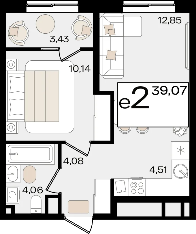 Планировка 2-комн. квартира, 39.07 м² ЖК «Патрики»